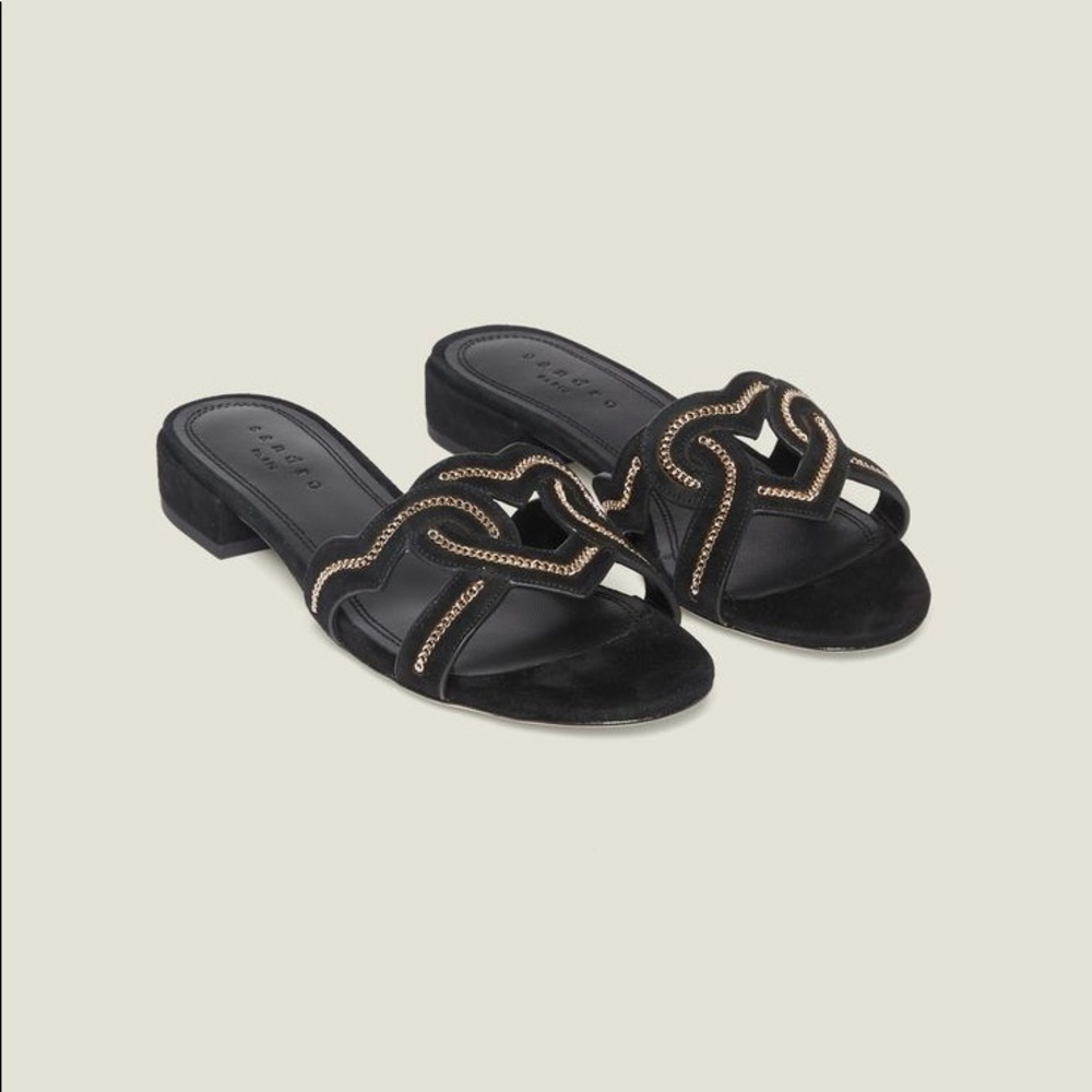 SANDRO NWT HEART ❤️ SLIP ON SUEDE SANDALS BLK SZ 7 - Picture 1 of 9